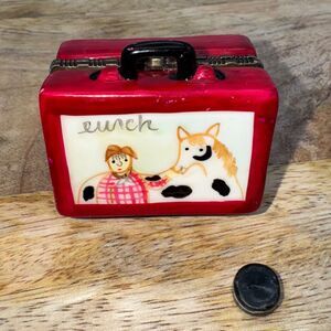 Porcelain Hinged Trinket Lunch Box Cowboy & Horse With Cookie Miniature Red Cute